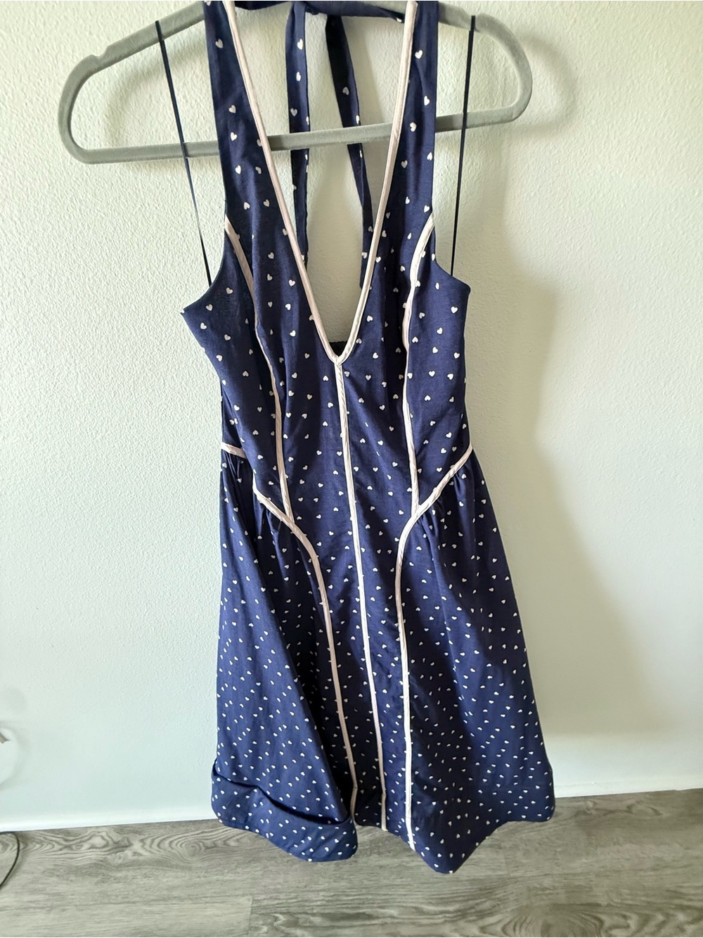 Navy Halter Fit-and-Flare Dress with White Heart Print Anthropologie Maeve